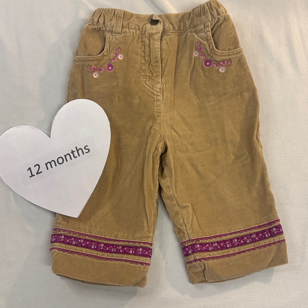 The Children's Place - Tan Lined Corduroy Pants with Purple Embroidered Accents